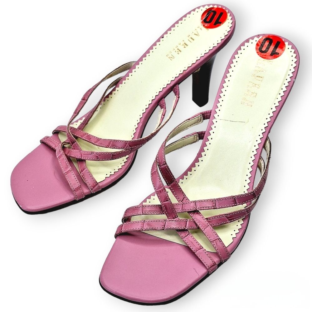 Ralph Lauren Karli Pink Fuchsia Faux Croc Strappy Leather Heels Sandals Sz 10